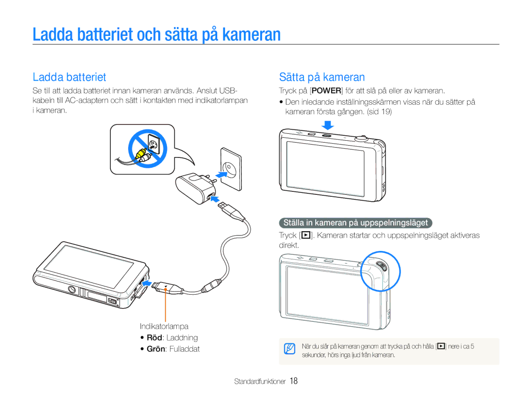 Samsung EC-ST600ZBPPE2 Ladda batteriet och sätta på kameran, Sätta på kameran, Ställa in kameran på uppspelningsläget 