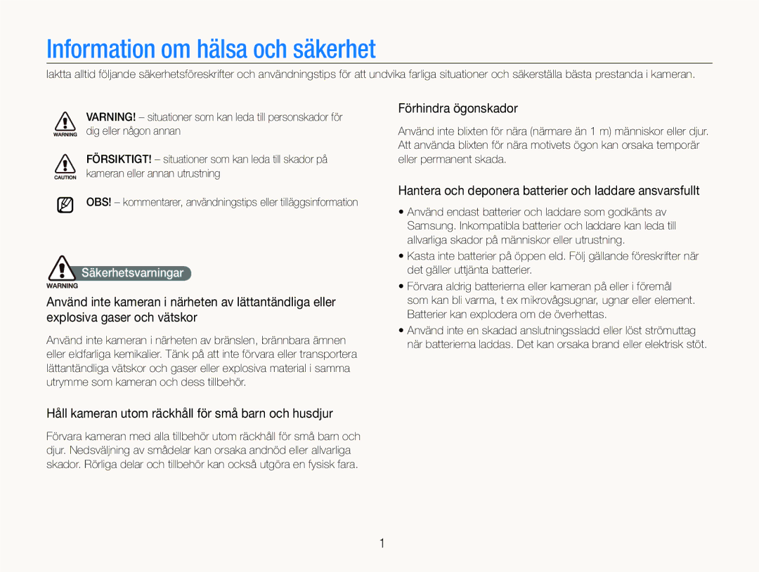 Samsung EC-ST600ZBPBE2, EC-ST600ZBPBE3 manual Information om hälsa och säkerhet, Förhindra ögonskador, Säkerhetsvarningar 