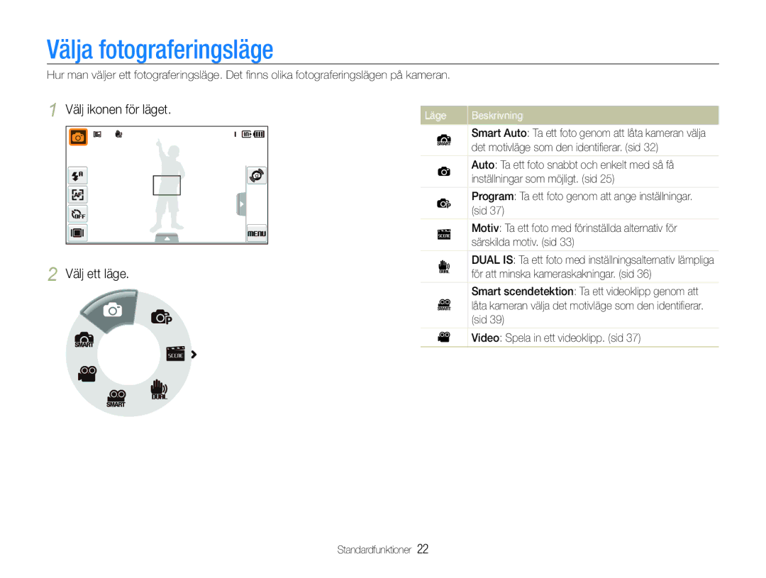 Samsung EC-ST600ZBPLE2, EC-ST600ZBPBE3, EC-ST600ZBPGE2 Välja fotograferingsläge, Välj ikonen för läget Välj ett läge, Läge 