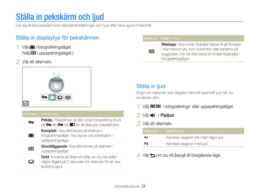 Samsung EC-ST600ZBPBE3, EC-ST600ZBPGE2 Ställa in pekskärm och ljud, Ställa in displaytyp för pekskärmen, Ställa in ljud 