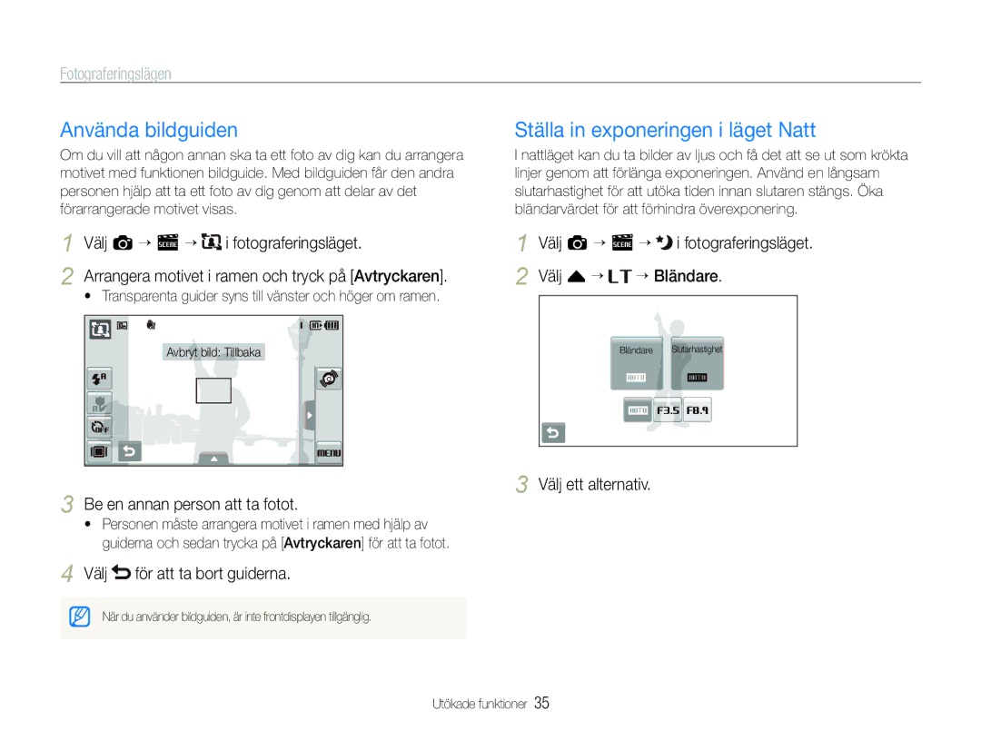 Samsung EC-ST600ZBPGE2, EC-ST600ZBPBE3, EC-ST600ZBPBE2 manual Använda bildguiden, Ställa in exponeringen i läget Natt 