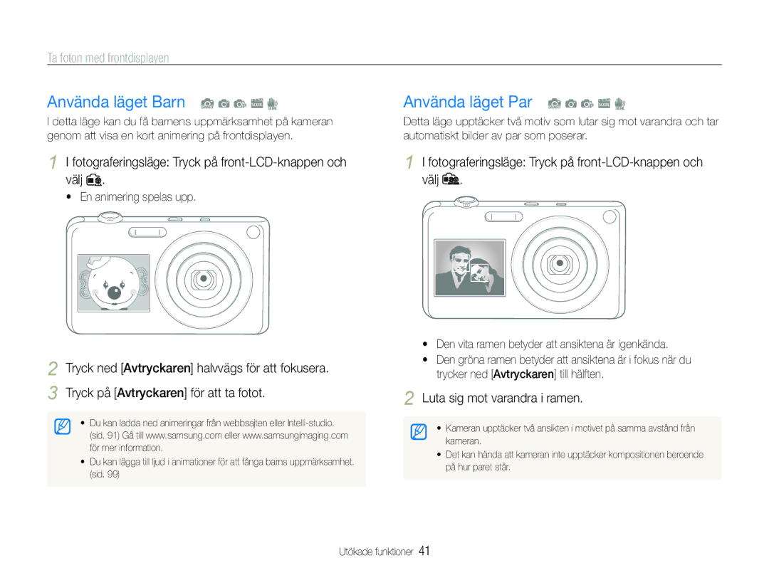 Samsung EC-ST600ZBPBE2 manual Använda läget Barn S a p s d, Använda läget Par S a p s d, Ta foton med frontdisplayen 