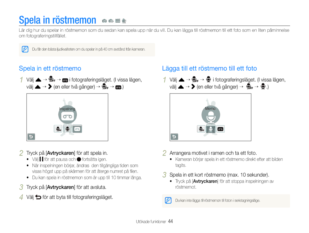 Samsung EC-ST600ZBPBE3 manual Spela in röstmemon a p s d, Spela in ett röstmemo, Lägga till ett röstmemo till ett foto 