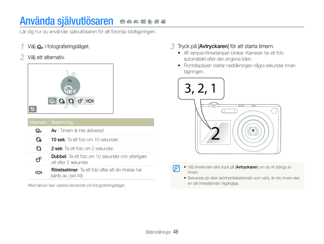 Samsung EC-ST600ZBPPE2, EC-ST600ZBPBE3 manual Använda självutlösaren S a p s d D, Tryck på Avtryckaren för att starta timern 