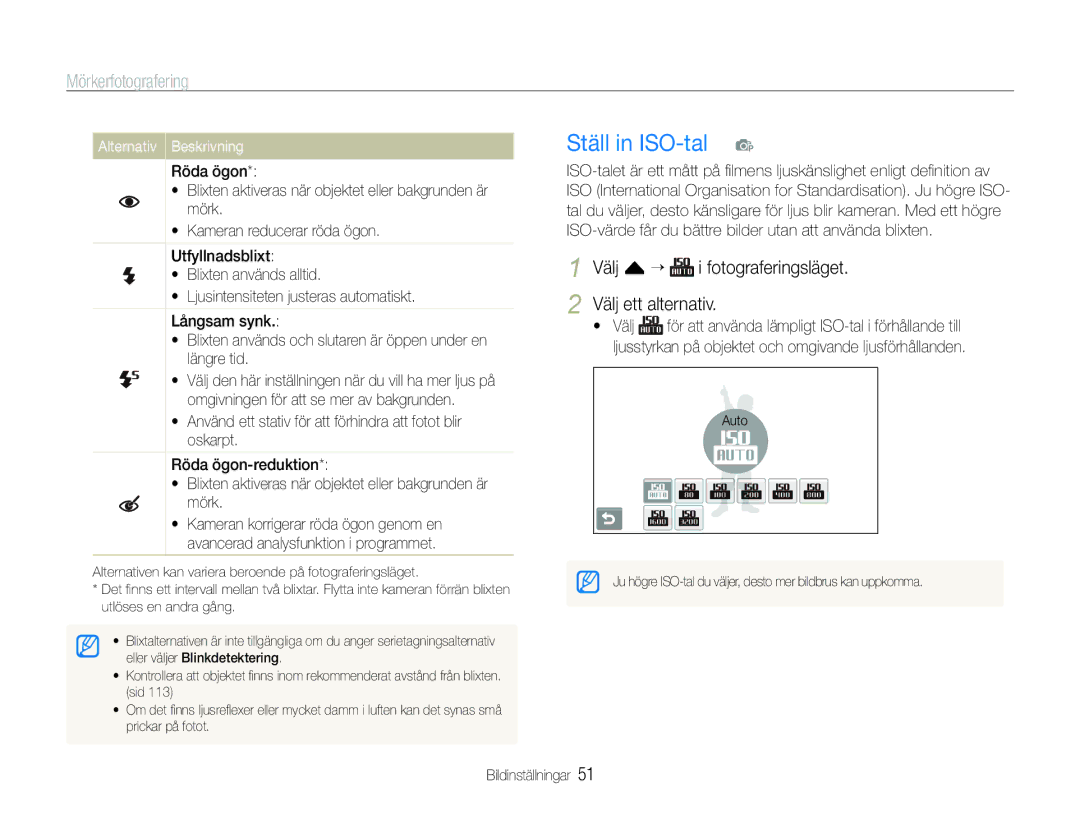 Samsung EC-ST600ZBPBE2 manual Ställ in ISO-tal p, Mörkerfotografering, Välj f “ i fotograferingsläget Välj ett alternativ 