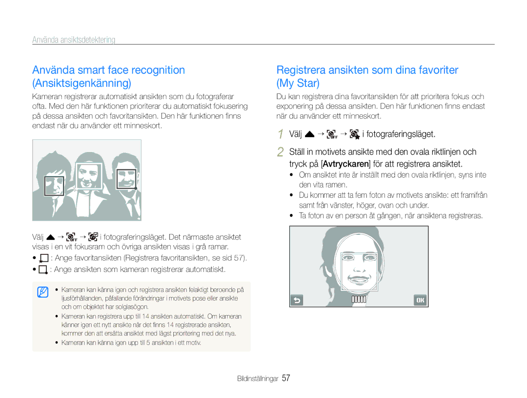 Samsung EC-ST600ZBPLE2 Använda smart face recognition Ansiktsigenkänning, Registrera ansikten som dina favoriter My Star 