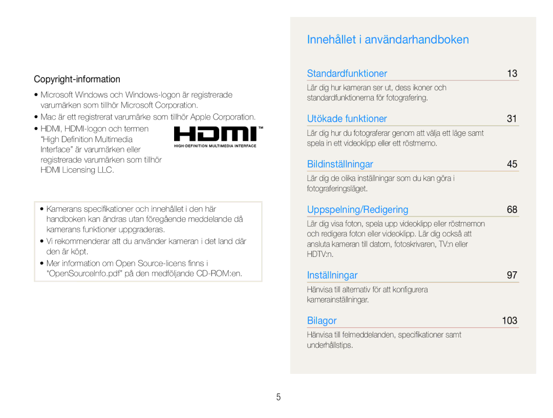 Samsung EC-ST600ZBPGE2, EC-ST600ZBPBE3, EC-ST600ZBPBE2 Innehållet i användarhandboken, Copyright-information, 103, HDTVn 