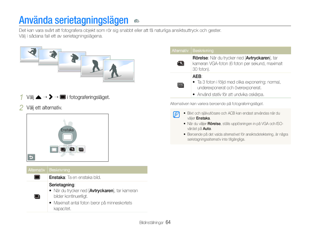 Samsung EC-ST600ZBPBE3, EC-ST600ZBPGE2 Använda serietagningslägen p, Välj f “ “ i fotograferingsläget Välj ett alternativ 