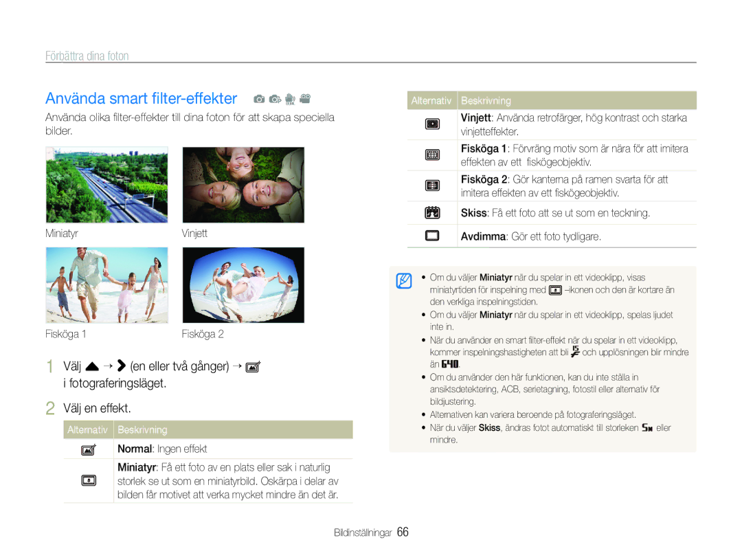Samsung EC-ST600ZBPBE2, EC-ST600ZBPBE3 manual Använda smart ﬁlter-effekter a p d, Förbättra dina foton, Normal Ingen effekt 