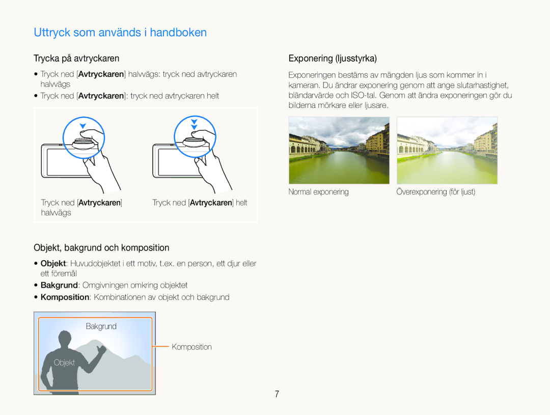 Samsung EC-ST600ZBPLE2 manual Uttryck som används i handboken, Trycka på avtryckaren, Exponering ljusstyrka, Objekt 