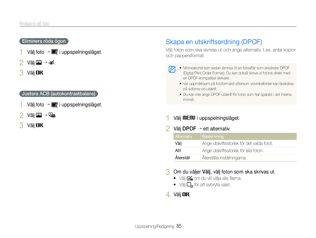 Samsung EC-ST600ZBPGE2, EC-ST600ZBPBE3 manual Skapa en utskriftsordning Dpof, Välj foto “ i uppspelningsläget Välj “ 