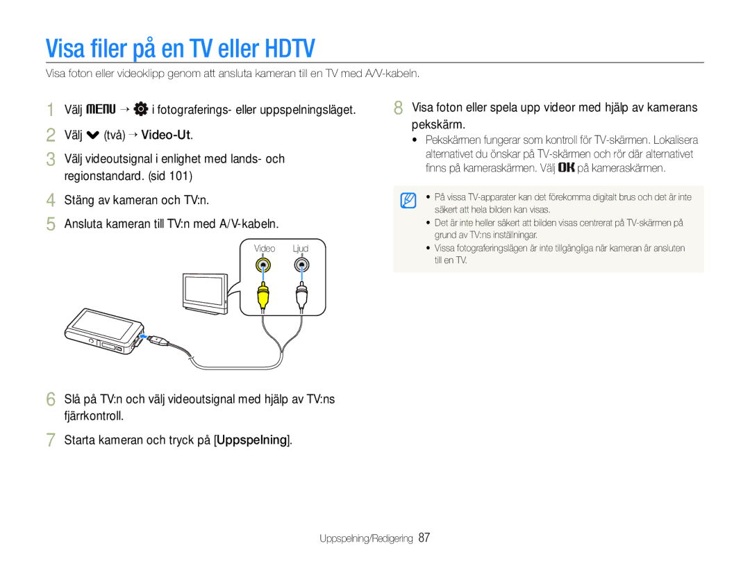 Samsung EC-ST600ZBPLE2, EC-ST600ZBPBE3 manual Visa ﬁler på en TV eller Hdtv, ﬁnns på kameraskärmen. Välj på kameraskärmen 