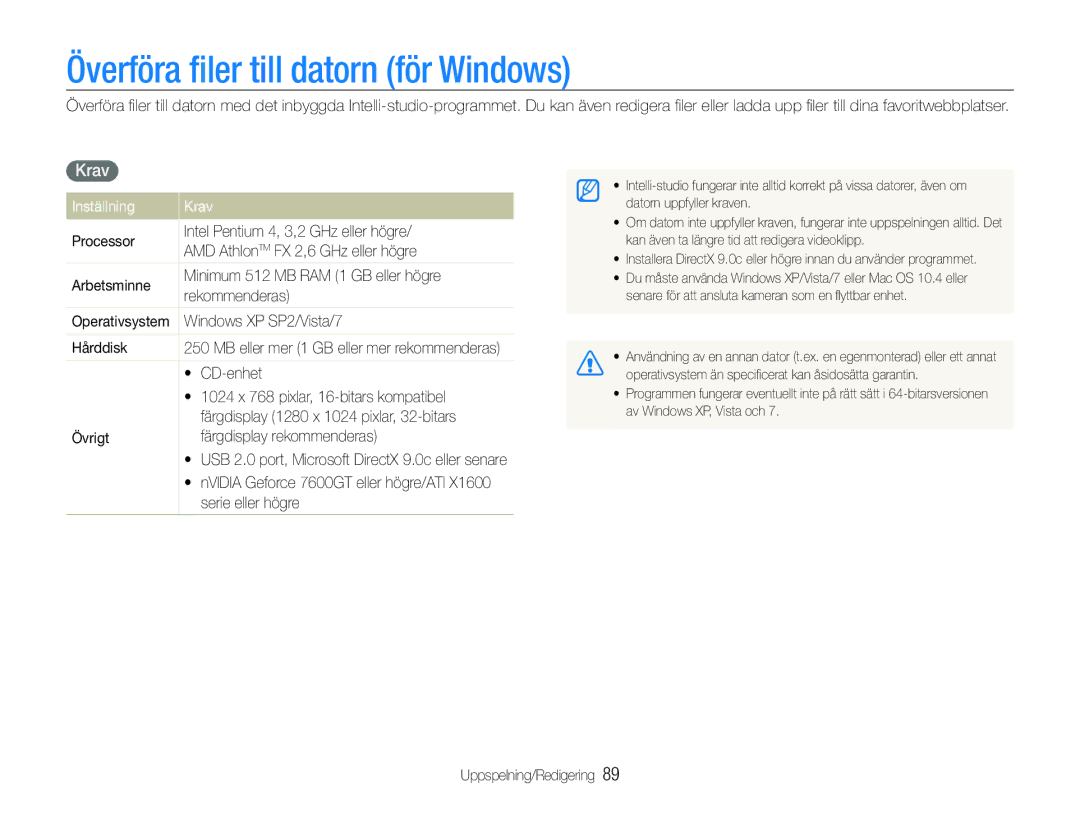 Samsung EC-ST600ZBPBE3, EC-ST600ZBPGE2, EC-ST600ZBPBE2 manual Överföra ﬁler till datorn för Windows, Inställning Krav 