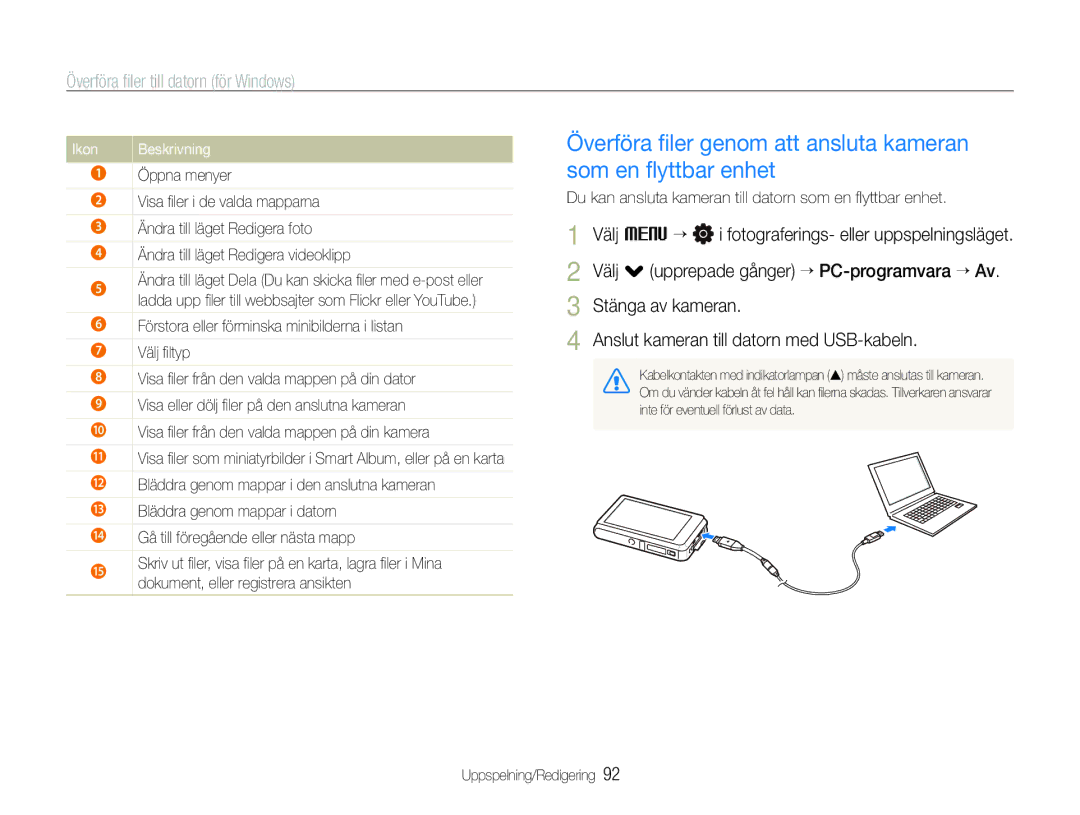 Samsung EC-ST600ZBPLE2, EC-ST600ZBPBE3 manual Öppna menyer, Du kan ansluta kameran till datorn som en ﬂyttbar enhet 