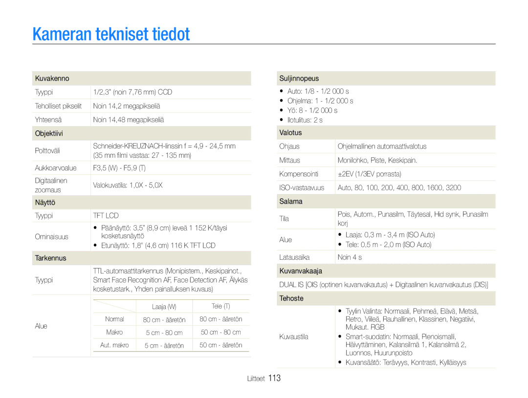 Samsung EC-ST600ZBPPE2, EC-ST600ZBPBE3, EC-ST600ZBPGE2, EC-ST600ZBPBE2, EC-ST600ZBPLE2 manual Kameran tekniset tiedot, 113 