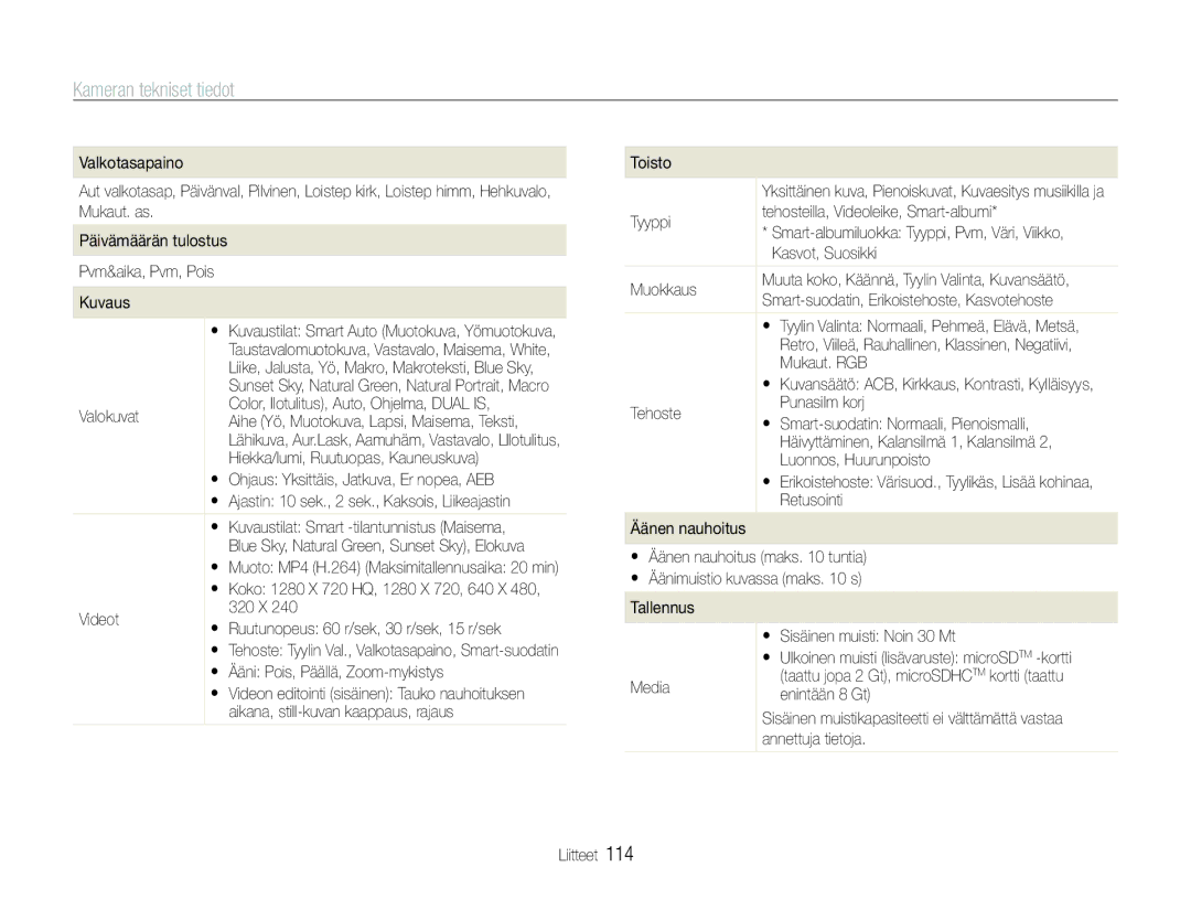 Samsung EC-ST600ZBPBE3, EC-ST600ZBPGE2, EC-ST600ZBPBE2, EC-ST600ZBPLE2, EC-ST600ZBPPE2 manual Kameran tekniset tiedot 