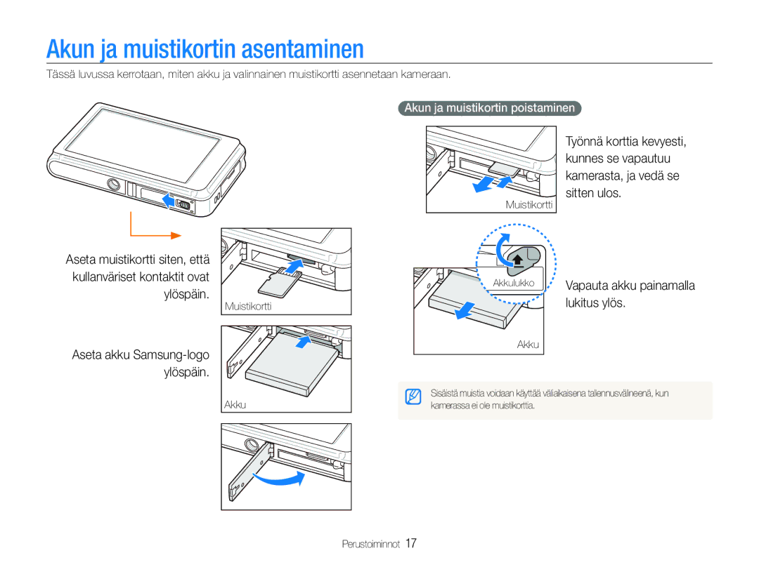 Samsung EC-ST600ZBPLE2 manual Akun ja muistikortin asentaminen, Lukitus ylös, Akun ja muistikortin poistaminen, Akku 