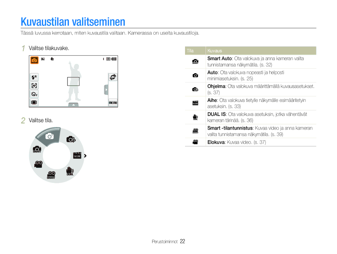 Samsung EC-ST600ZBPLE2, EC-ST600ZBPBE3 Kuvaustilan valitseminen, Valitse tilakuvake, Elokuva Kuvaa video. s Perustoiminnot 