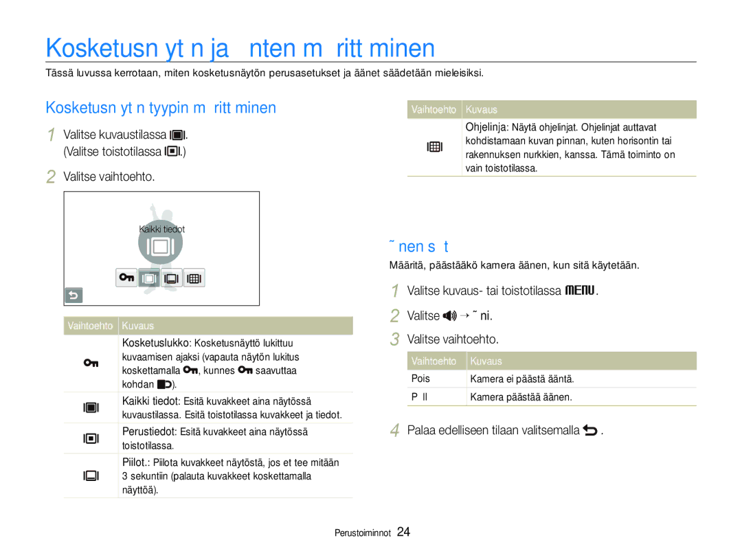 Samsung EC-ST600ZBPBE3 manual Kosketusnäytön ja äänten määrittäminen, Kosketusnäytön tyypin määrittäminen, Äänen säätö 