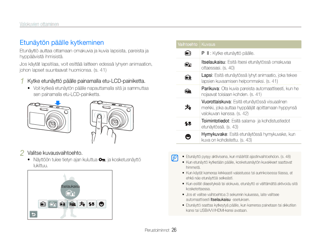 Samsung EC-ST600ZBPBE2, EC-ST600ZBPBE3 manual Etunäytön päälle kytkeminen, Valokuvien ottaminen, Valitse kuvausvaihtoehto 