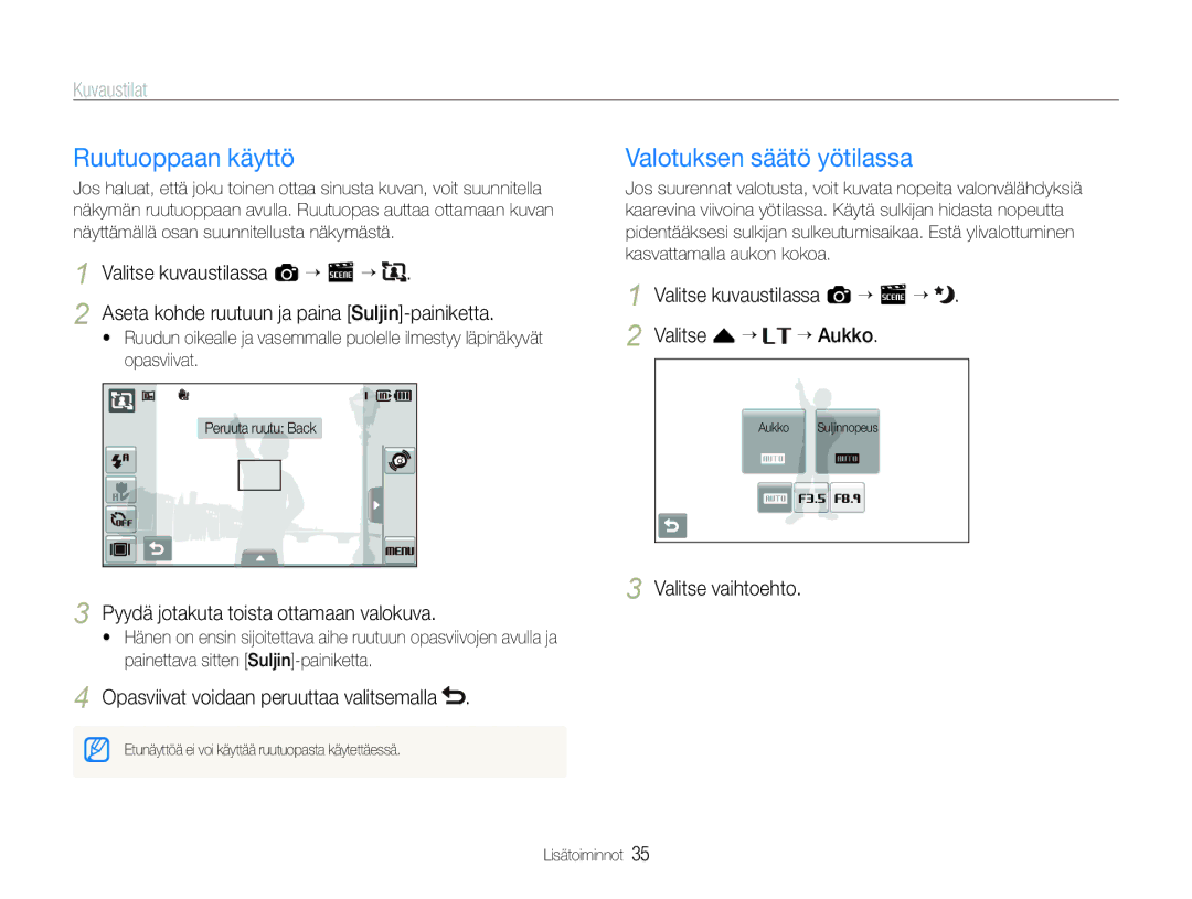 Samsung EC-ST600ZBPGE2, EC-ST600ZBPBE3, EC-ST600ZBPBE2, EC-ST600ZBPLE2 manual Ruutuoppaan käyttö, Valotuksen säätö yötilassa 