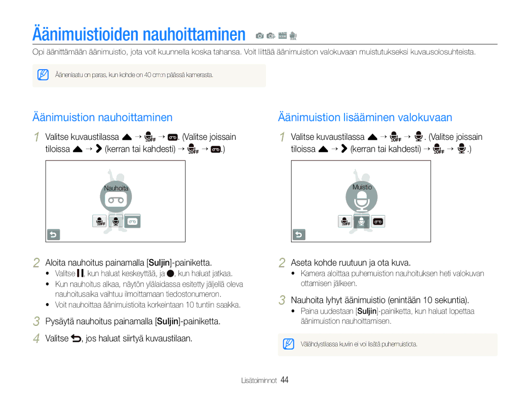 Samsung EC-ST600ZBPBE3, EC-ST600ZBPGE2, EC-ST600ZBPBE2 Äänimuistioiden nauhoittaminen a p s d, Äänimuistion nauhoittaminen 