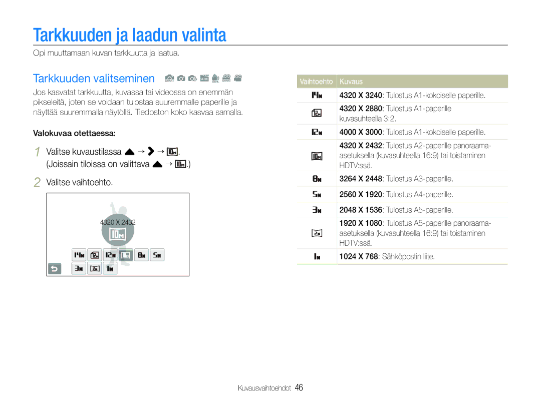 Samsung EC-ST600ZBPBE2, EC-ST600ZBPBE3, EC-ST600ZBPGE2 Tarkkuuden ja laadun valinta, Tarkkuuden valitseminen S a p s d D 