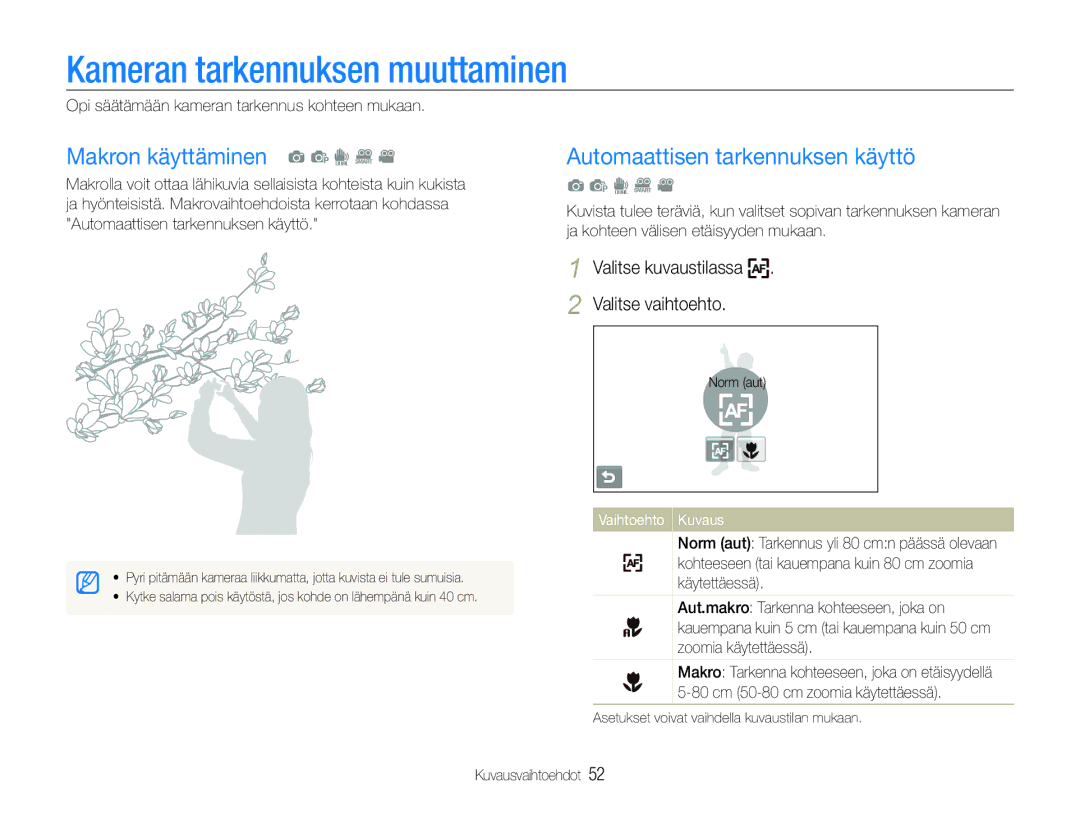 Samsung EC-ST600ZBPLE2 Kameran tarkennuksen muuttaminen, Makron käyttäminen a p d D, Automaattisen tarkennuksen käyttö 