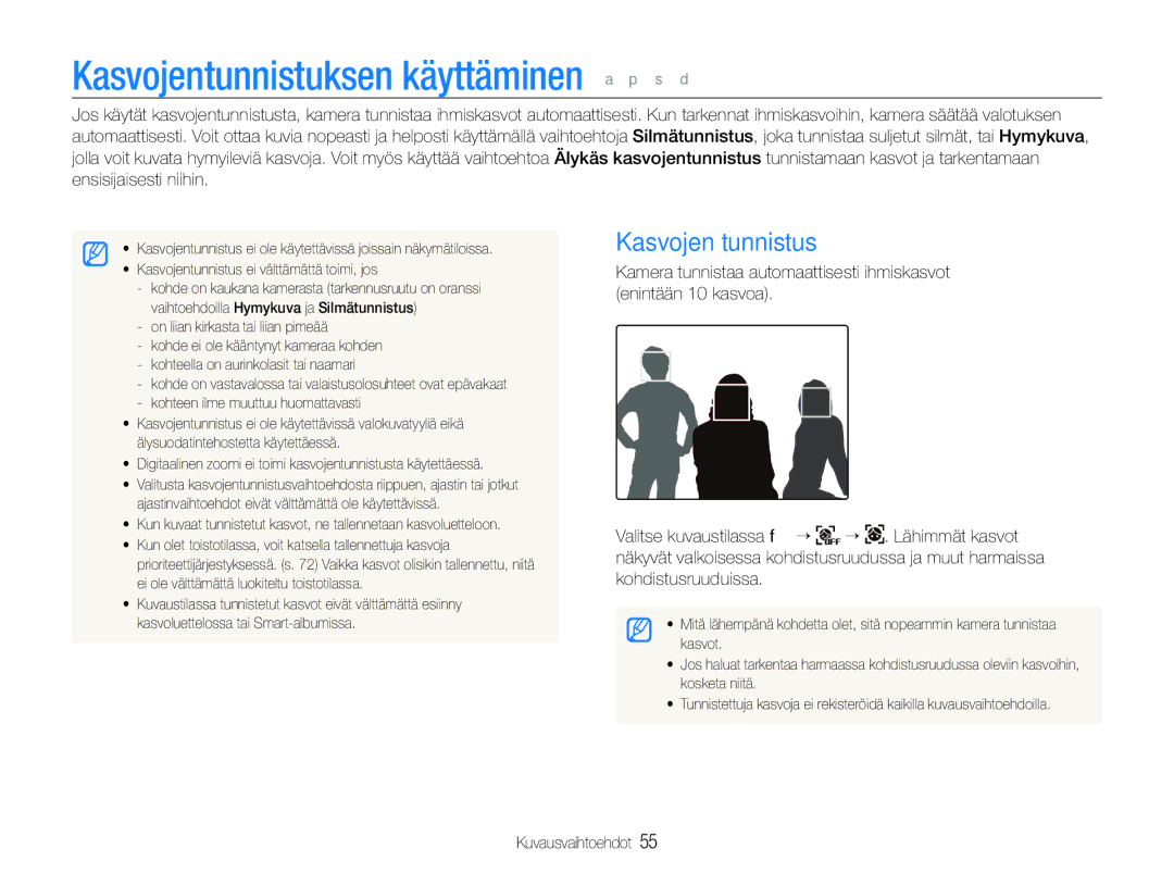 Samsung EC-ST600ZBPGE2, EC-ST600ZBPBE3, EC-ST600ZBPBE2 manual Kasvojentunnistuksen käyttäminen a p s d, Kasvojen tunnistus 