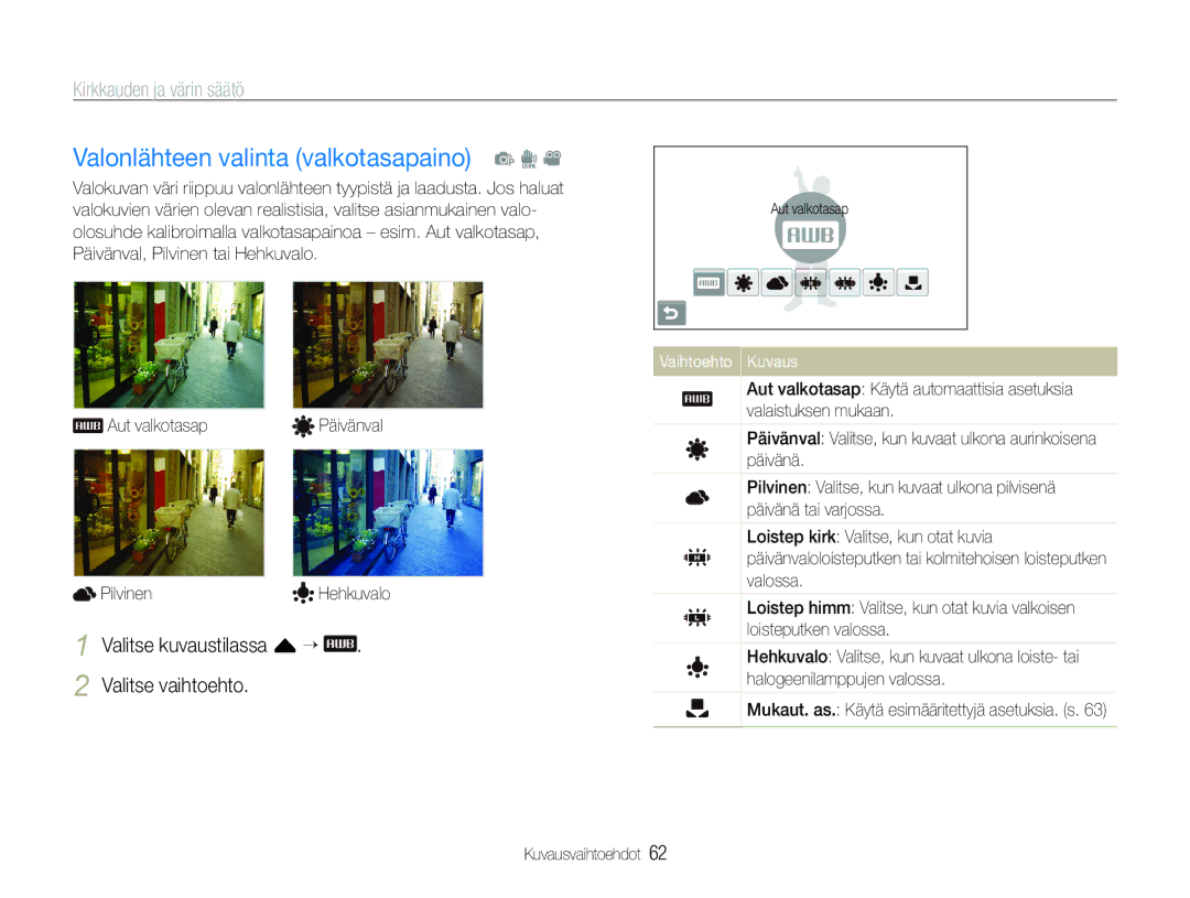 Samsung EC-ST600ZBPLE2 manual Valonlähteen valinta valkotasapaino p d, Valitse kuvaustilassa f ““ Valitse vaihtoehto 