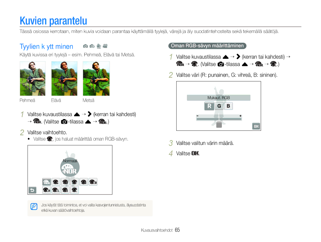 Samsung EC-ST600ZBPGE2 manual Kuvien parantelu, Tyylien käyttäminen a p d, Valitse väri R punainen, G vihreä, B sininen 