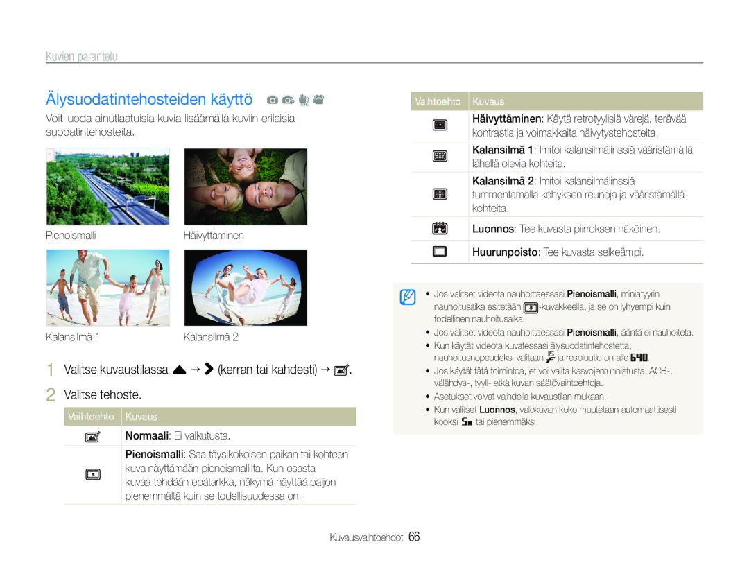 Samsung EC-ST600ZBPBE2, EC-ST600ZBPBE3 manual Älysuodatintehosteiden käyttö a p d, Kuvien parantelu, Normaali Ei vaikutusta 