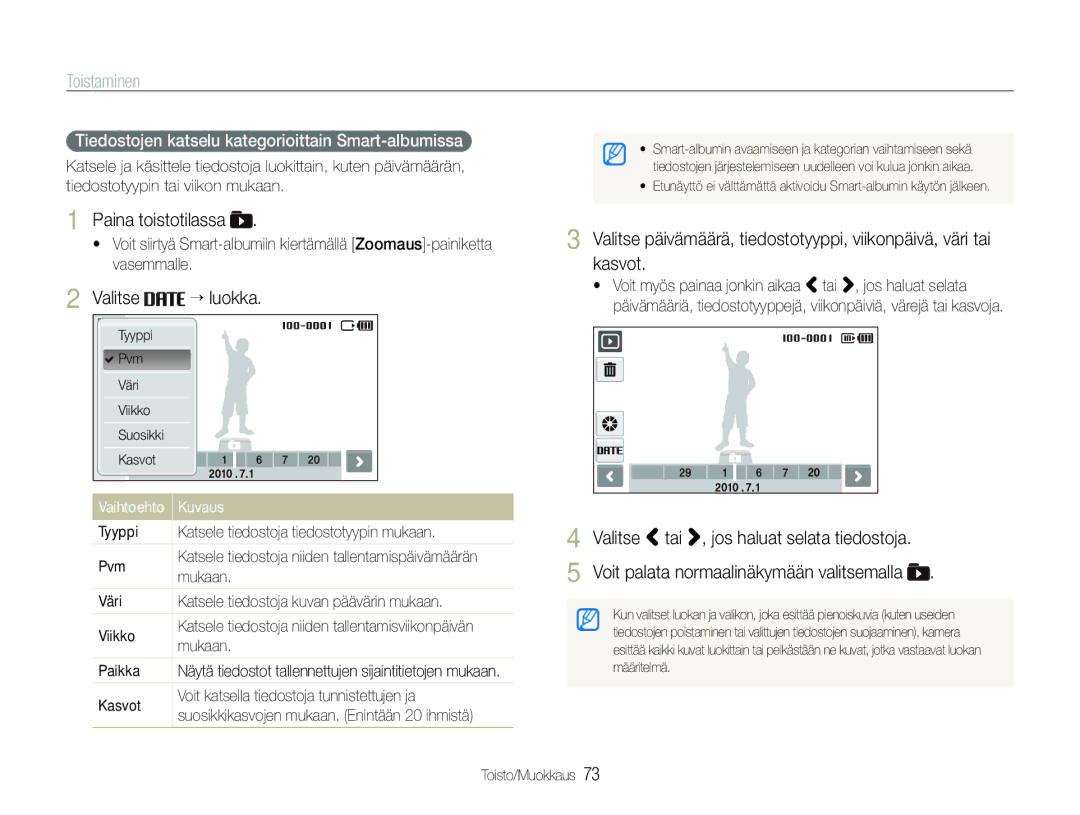 Samsung EC-ST600ZBPPE2 manual Paina toistotilassa, Valitse “ luokka, Tiedostojen katselu kategorioittain Smart-albumissa 