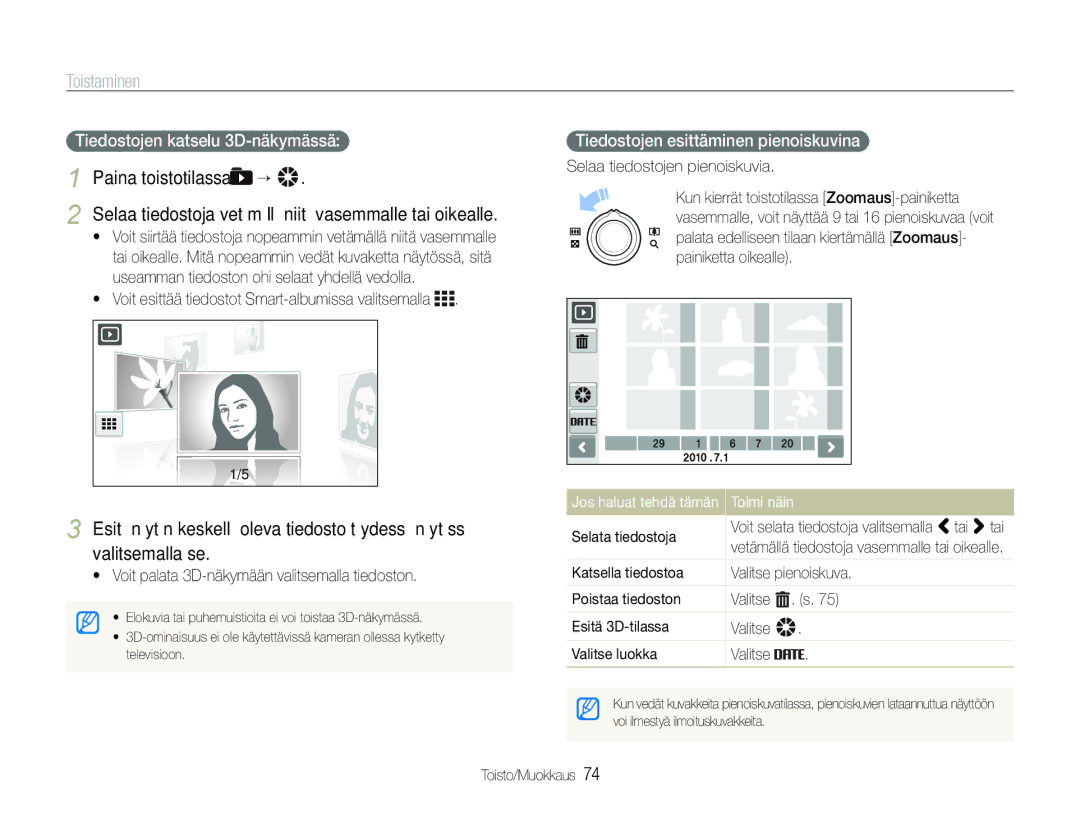 Samsung EC-ST600ZBPBE3 manual Tiedostojen katselu 3D-näkymässä,  Voit esittää tiedostot Smart-albumissa valitsemalla 