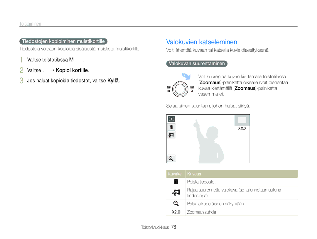 Samsung EC-ST600ZBPBE2 Valokuvien katseleminen, Jos haluat kopioida tiedostot, valitse Kyllä, Valokuvan suurentaminen 