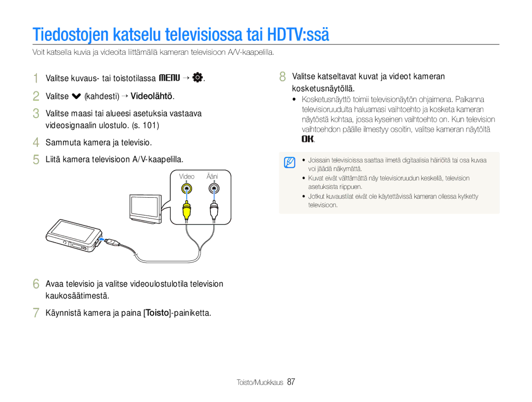 Samsung EC-ST600ZBPLE2, EC-ST600ZBPBE3, EC-ST600ZBPGE2, EC-ST600ZBPBE2 manual Tiedostojen katselu televisiossa tai HDTVssä 