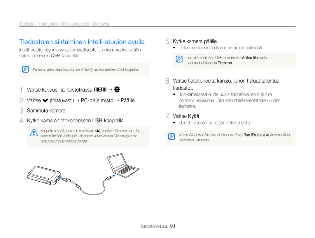 Samsung EC-ST600ZBPGE2 Tiedostojen siirtäminen Intelli-studion avulla, Tiedostojen siirtäminen tietokoneeseen Windows 