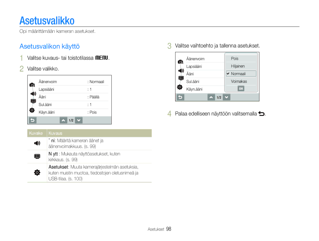 Samsung EC-ST600ZBPPE2 manual Asetusvalikko, Asetusvalikon käyttö, Valitse kuvaus- tai toistotilassa M Valitse valikko 