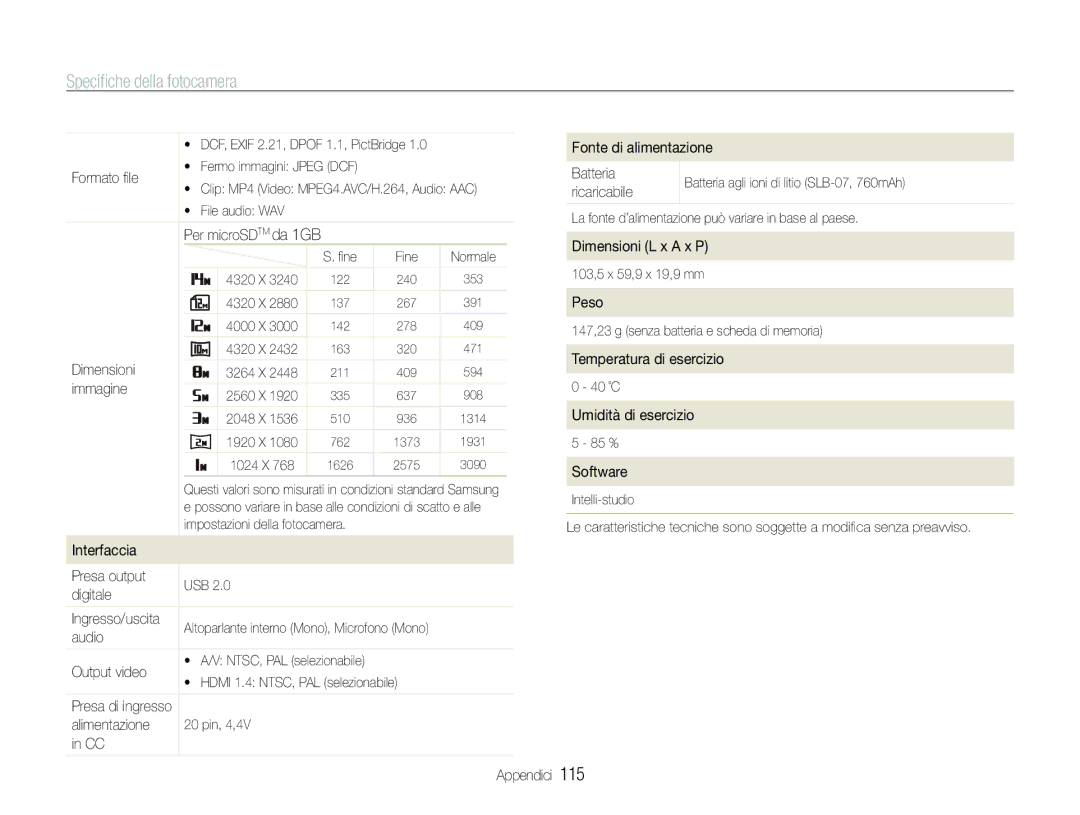 Samsung EC-ST600ZBPLIT Formato ﬁle, Dimensioni, Immagine, Fonte di alimentazione Batteria, Ricaricabile, Peso, Software 