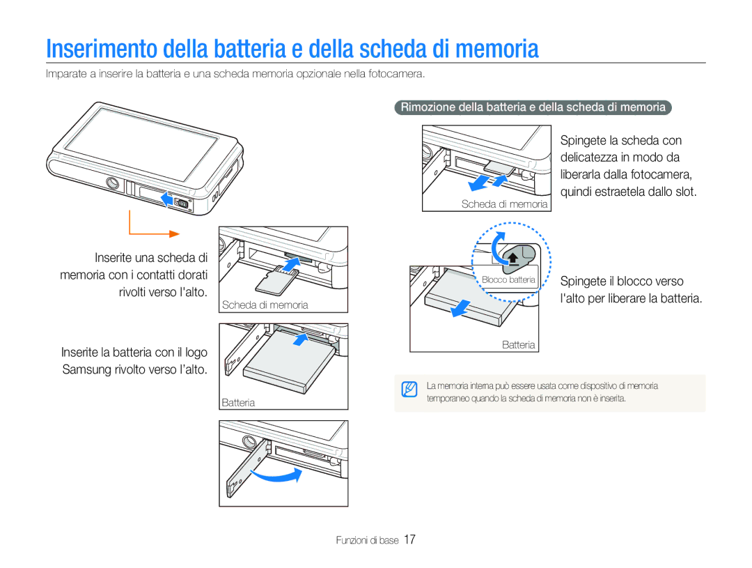 Samsung EC-ST600ZBPBIT manual Inserimento della batteria e della scheda di memoria, Spingete il blocco verso, Batteria 