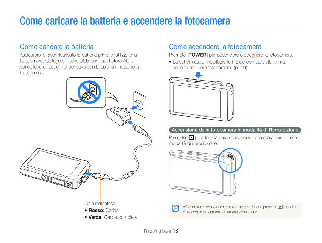 Samsung EC-ST600ZBPPIT, EC-ST600ZBPBIT Come caricare la batteria e accendere la fotocamera, Come accendere la fotocamera 