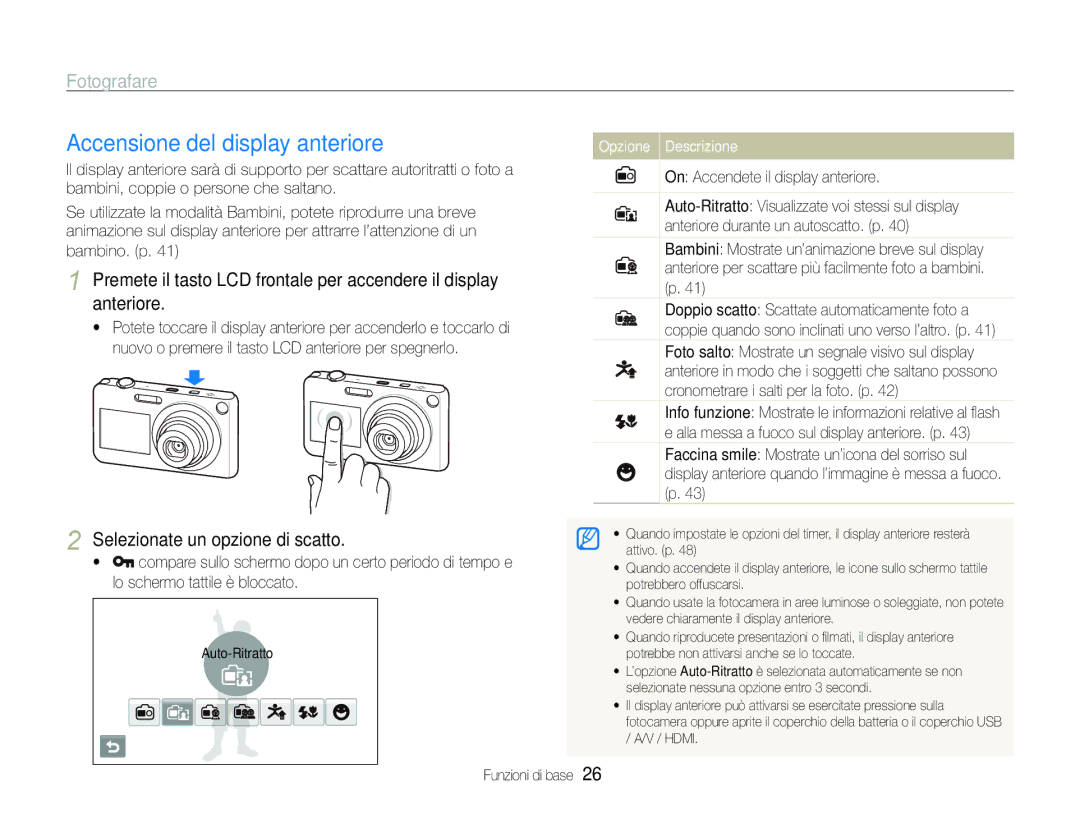 Samsung EC-ST600ZBPBIT, EC-ST600ZBPPIT Accensione del display anteriore, Fotografare, Selezionate un’opzione di scatto 