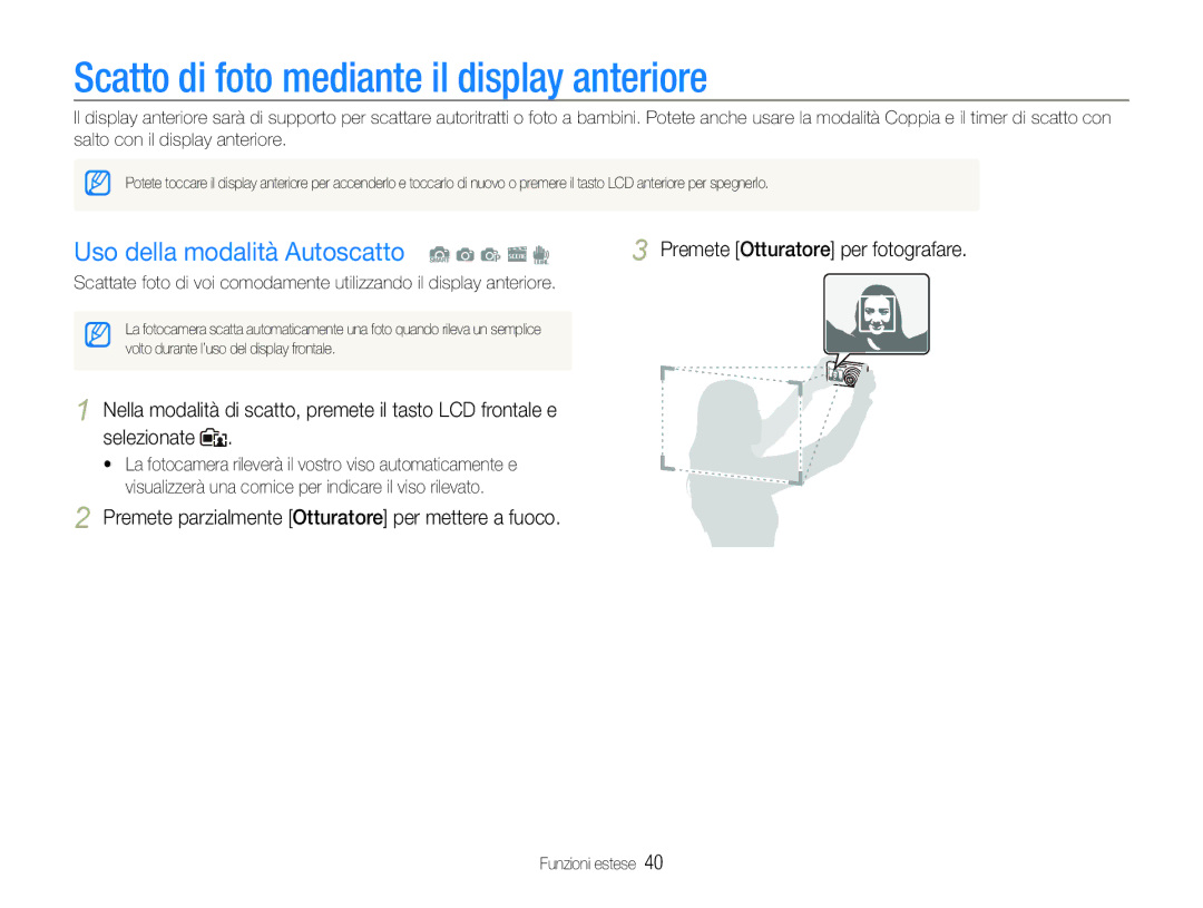 Samsung EC-ST600ZBPLIT manual Scatto di foto mediante il display anteriore, Uso della modalità Autoscatto S a p s d 