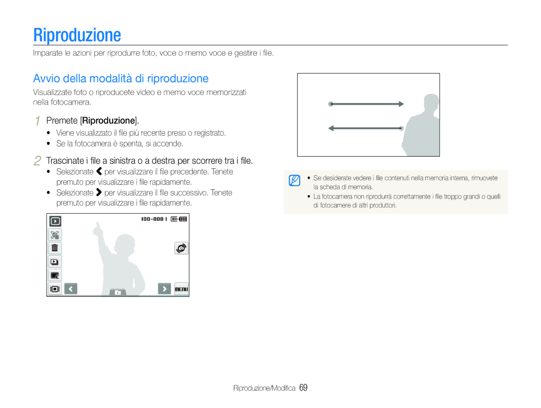 Samsung EC-ST600ZBPPIT manual Avvio della modalità di riproduzione, Premete Riproduzione, Riproduzione/Modiﬁca 