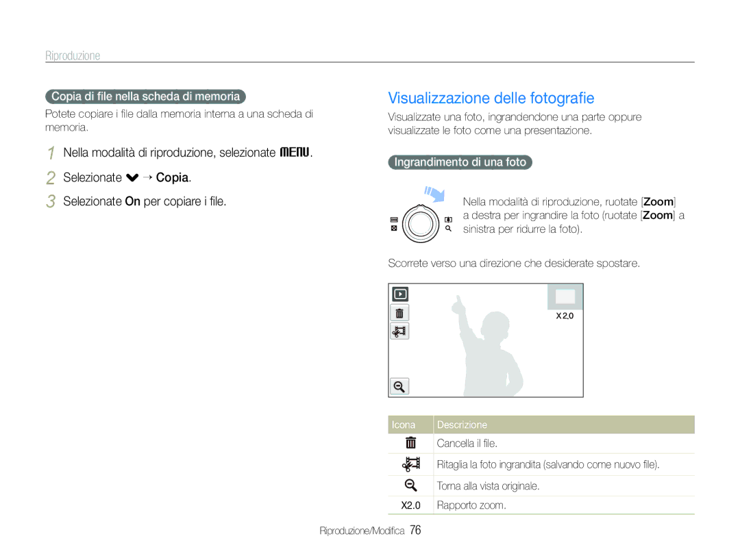 Samsung EC-ST600ZBPLIT manual Visualizzazione delle fotograﬁe, Selezionate . ““Copia Selezionate On per copiare i ﬁle 