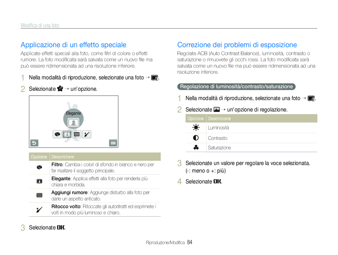 Samsung EC-ST600ZBPPIT, EC-ST600ZBPBIT manual Applicazione di un effetto speciale, Correzione dei problemi di esposizione 