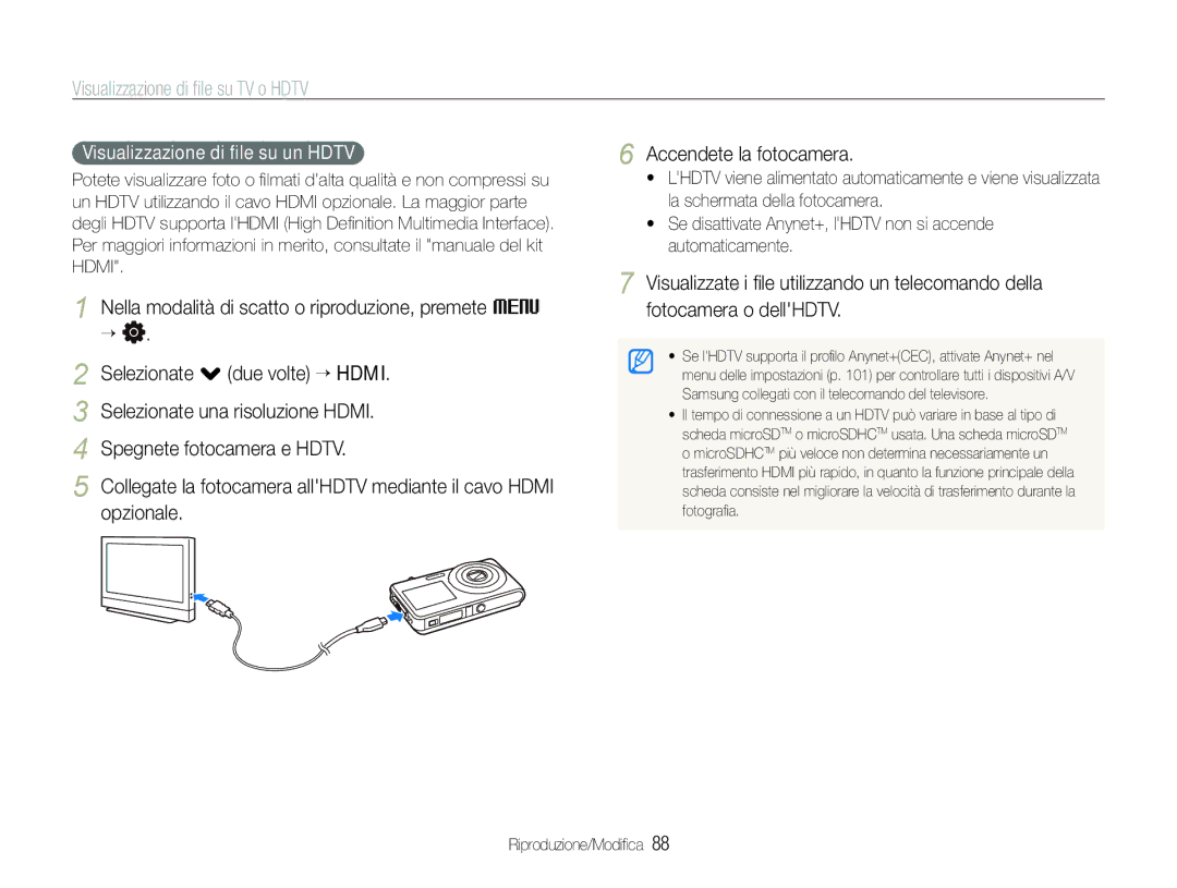 Samsung EC-ST600ZBPLIT, EC-ST600ZBPBIT manual Visualizzazione di ﬁle su TV o Hdtv, Visualizzazione di ﬁle su un Hdtv 