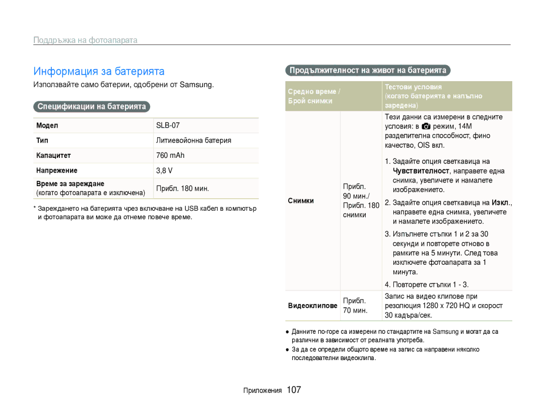 Samsung EC-ST600ZBPGE3 manual Информация за батерията, Спецификации на батерията, Продължителност на живот на батерията 