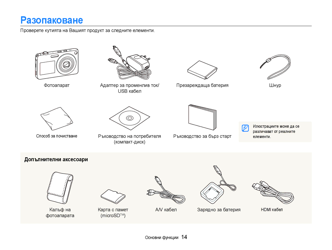 Samsung EC-ST600ZBPBE3, EC-ST600ZBPGE3 manual Разопаковане, Допълнителни аксесоари, Шнур, Кабел Зарядно за батерия 