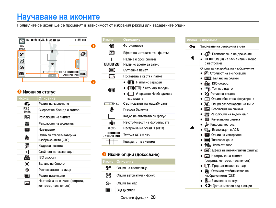 Samsung EC-ST600ZBPBE3, EC-ST600ZBPGE3 manual Научаване на иконите, Икони за статус, Икони опции докосване 